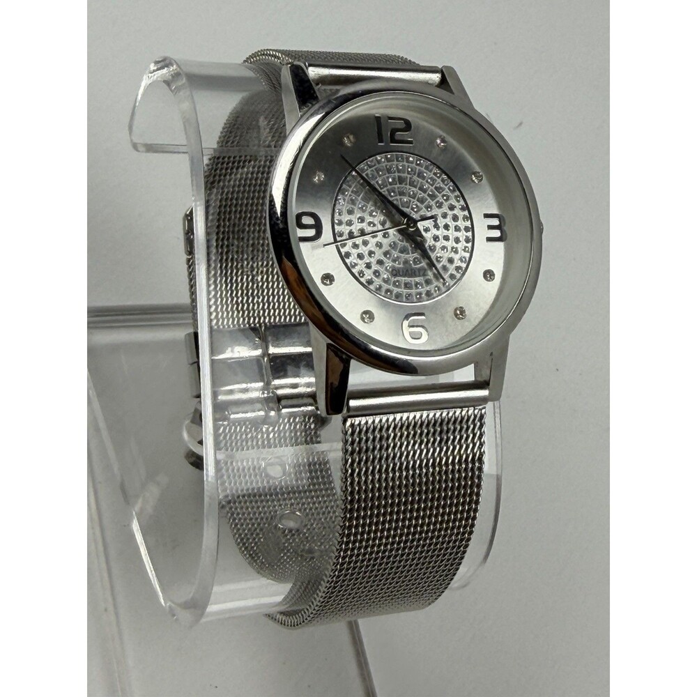 Women’s Silver Tone Quartz Watch 33mm Rhinestone Dial Mesh Band Working
